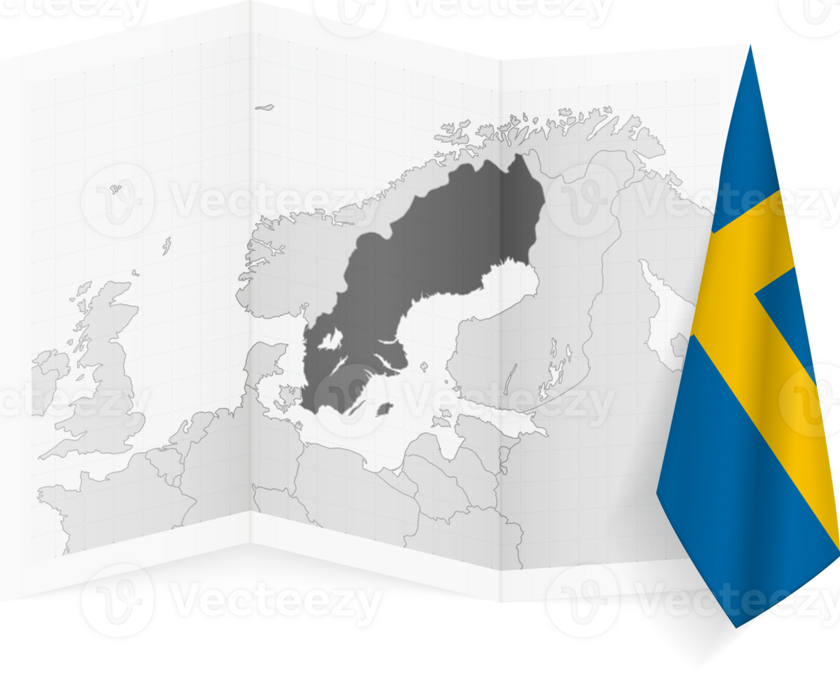 Sweden grayscale map and hanging flag. png