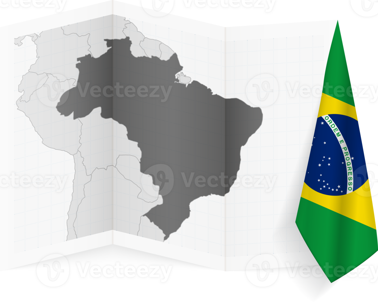 Brazil grayscale map and hanging flag. png