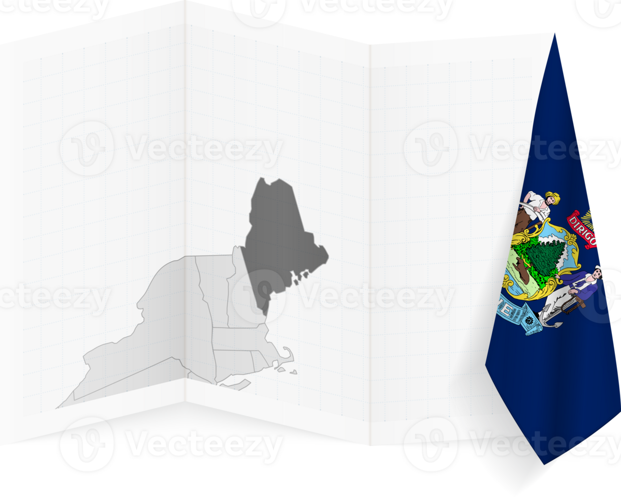 Maine grayscale map and hanging flag. png