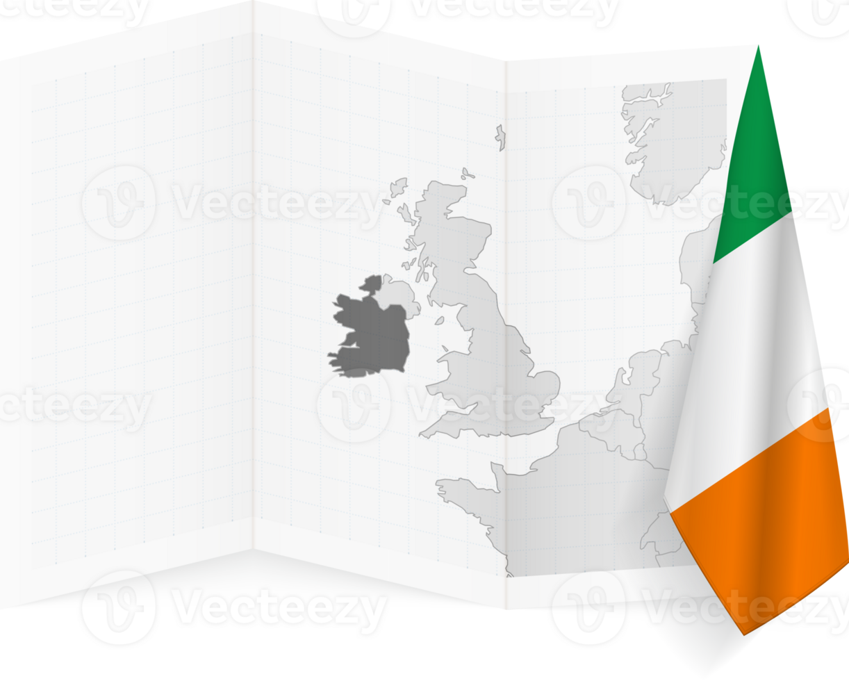 Ireland grayscale map and hanging flag. png