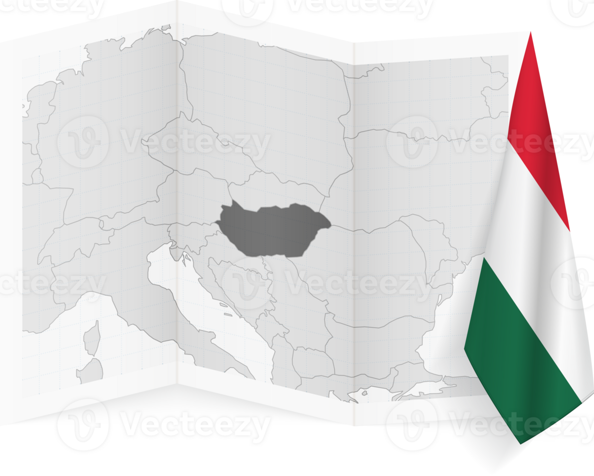 Hungary grayscale map and hanging flag. png