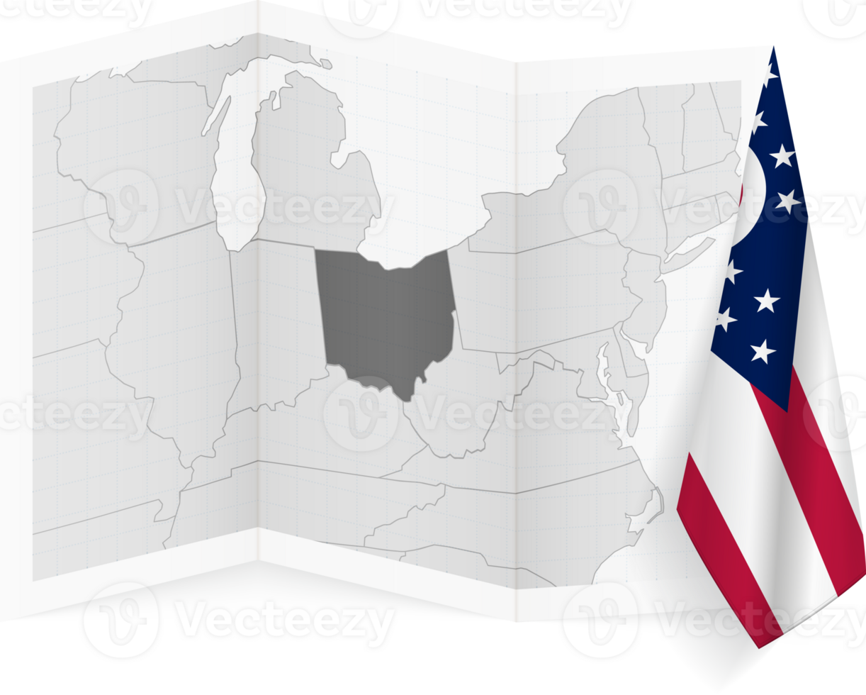 Ohio grayscale map and hanging flag. png