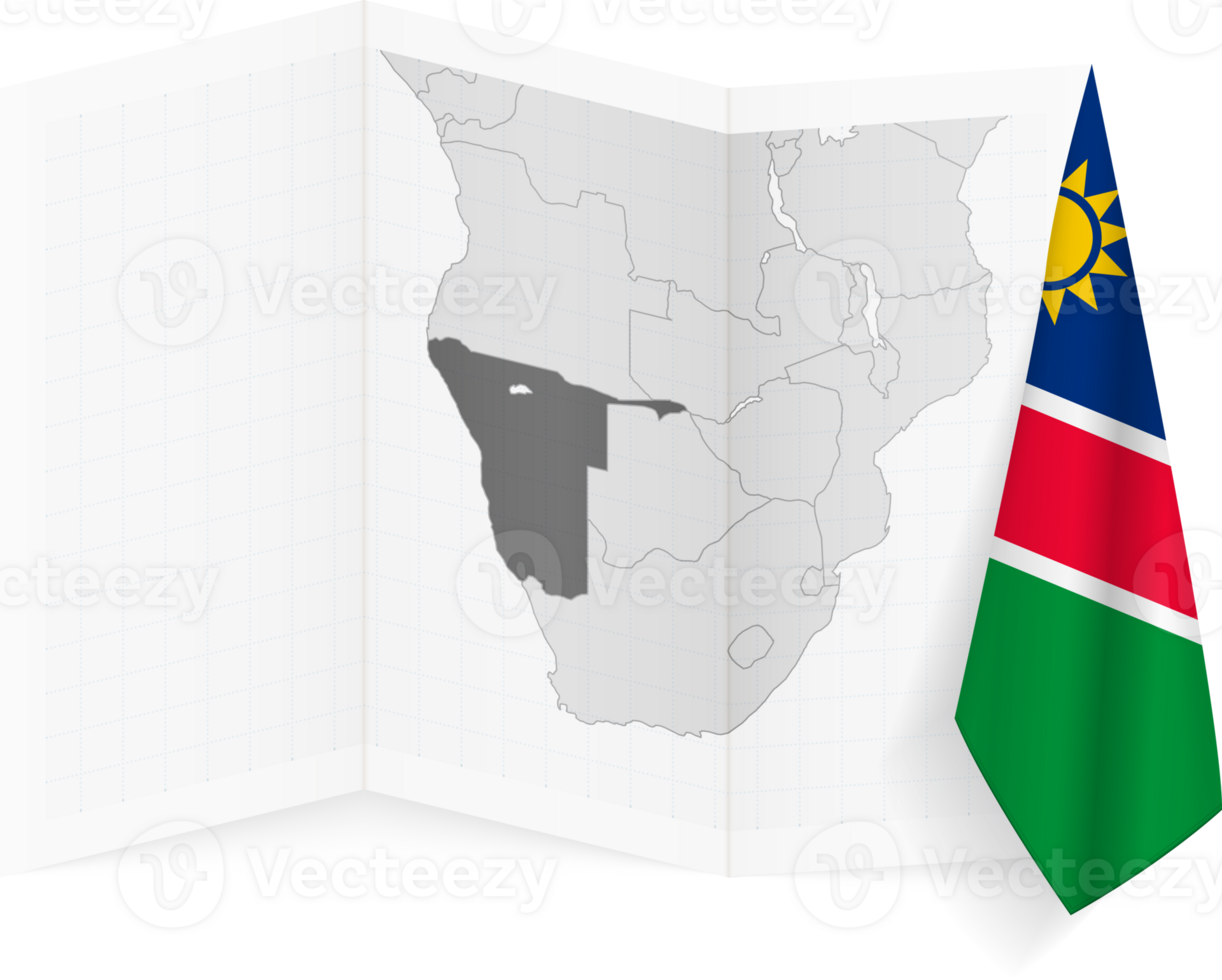 Namibia grayscale map and hanging flag. png