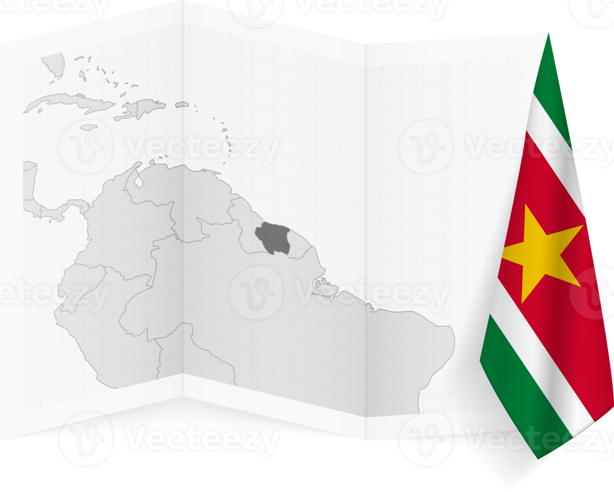 Suriname grayscale map and hanging flag. png