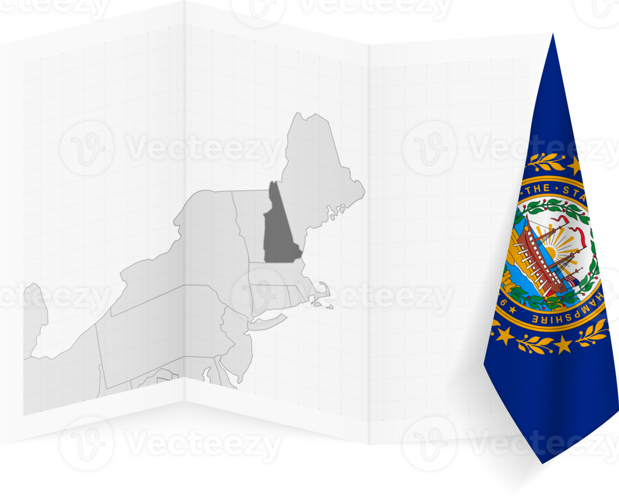 New Hampshire grayscale map and hanging flag. png