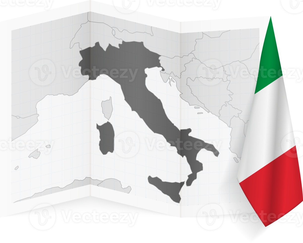 Italy grayscale map and hanging flag. png