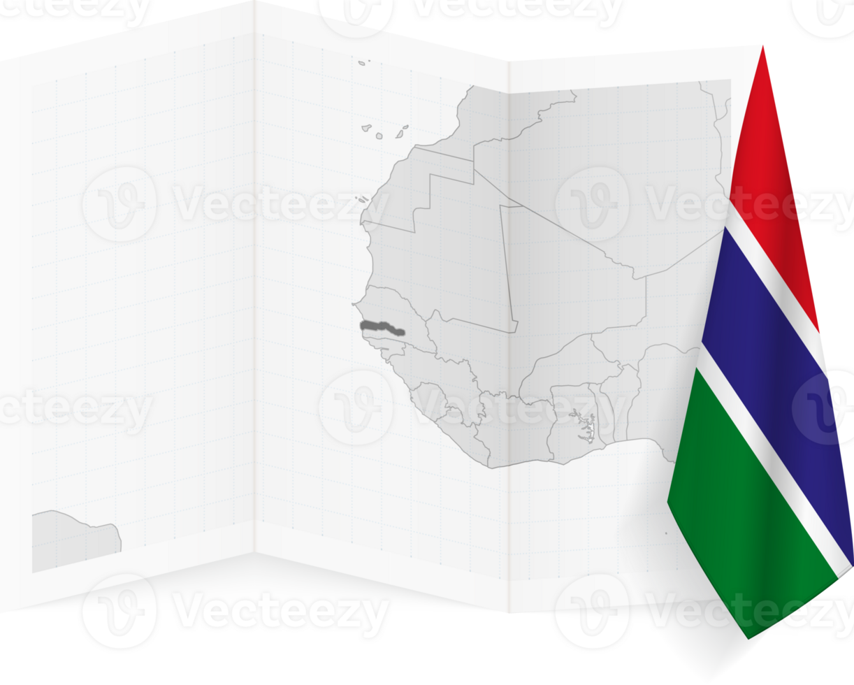 Gambia grayscale map and hanging flag. png