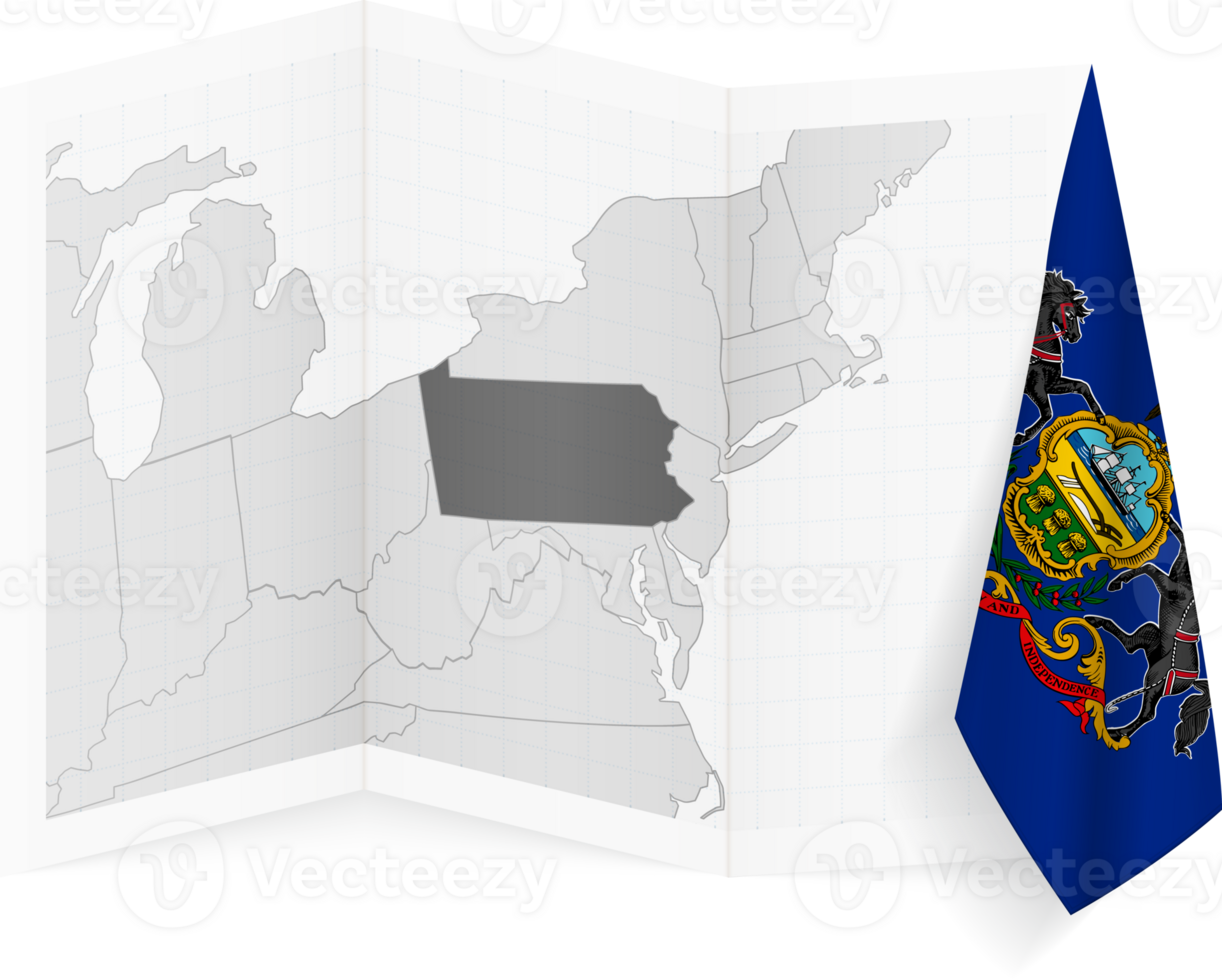 Pennsylvania grayscale map and hanging flag. png
