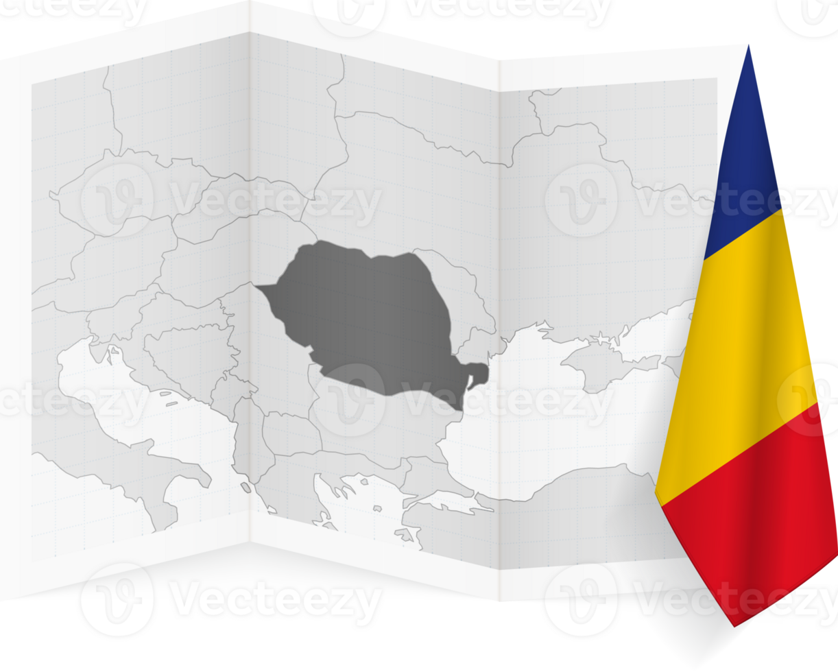 Romania grayscale map and hanging flag. png