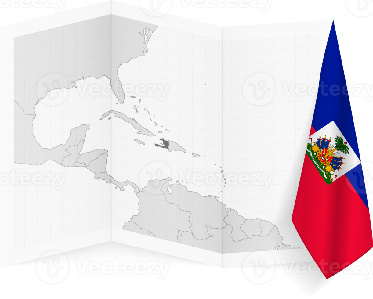 Haiti grayscale map and hanging flag. png