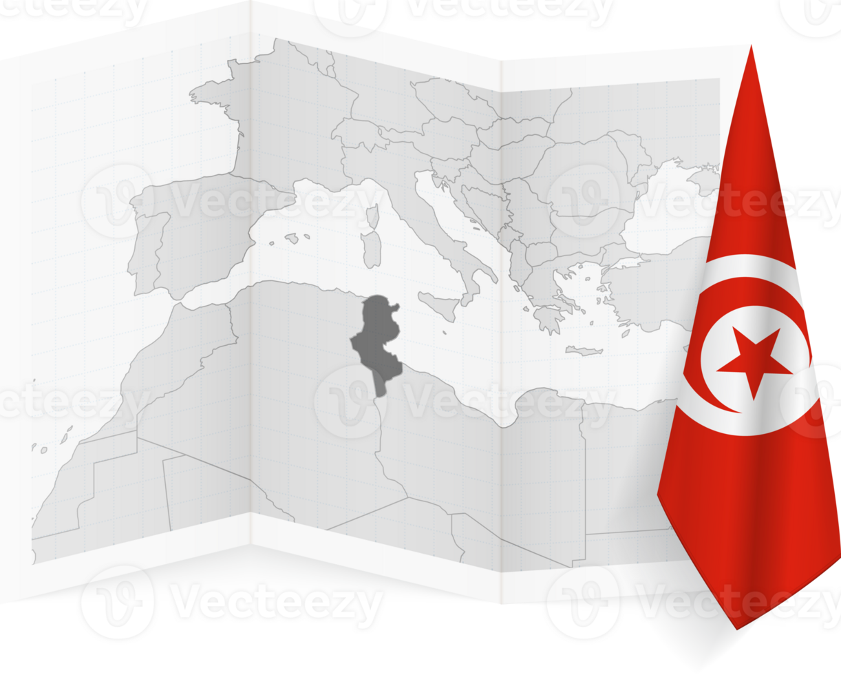 Tunisia grayscale map and hanging flag. png