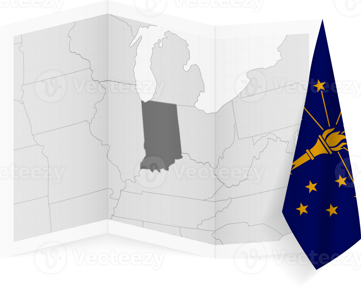 Indiana grayscale map and hanging flag. png