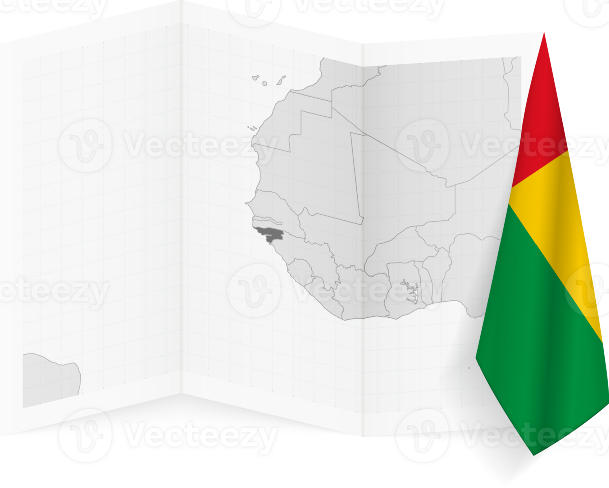 Guinea-Bissau grayscale map and hanging flag. png