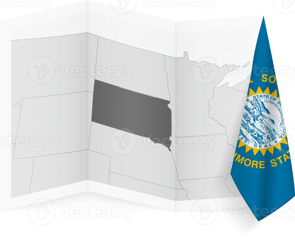 South Dakota grayscale map and hanging flag. png