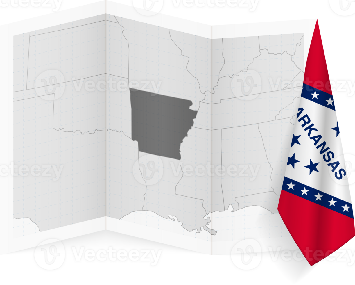 Arkansas grayscale map and hanging flag. png