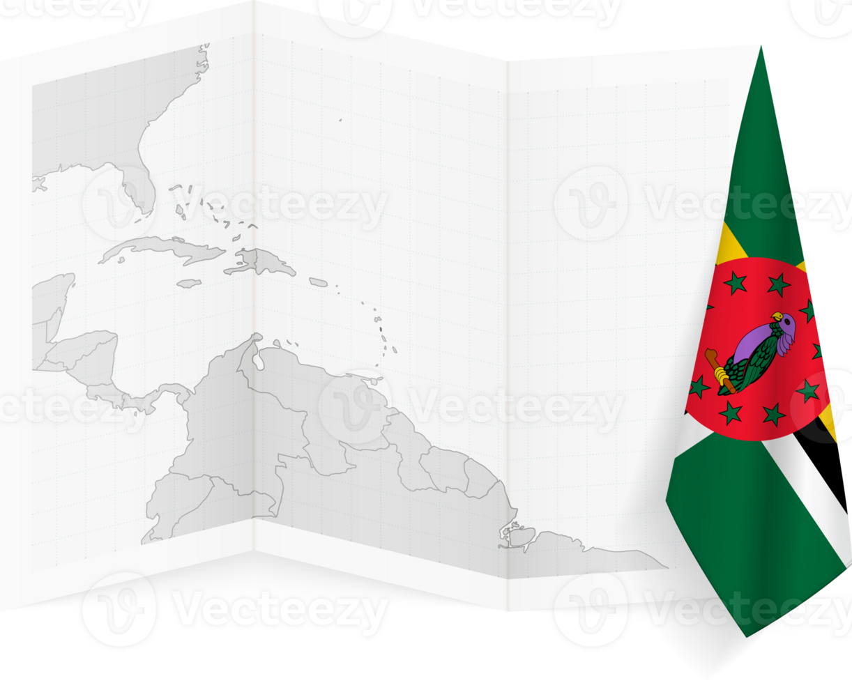 Dominica grayscale map and hanging flag. png