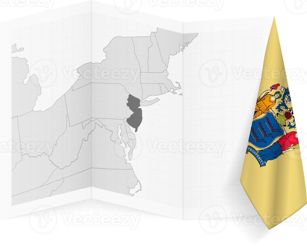 New Jersey grayscale map and hanging flag. png
