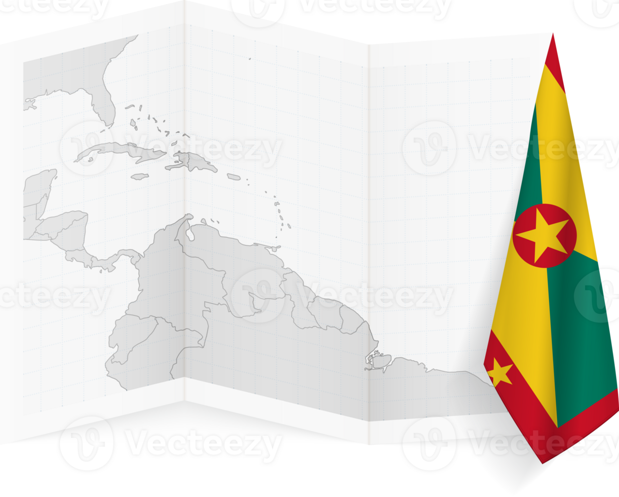 Grenada grayscale map and hanging flag. png