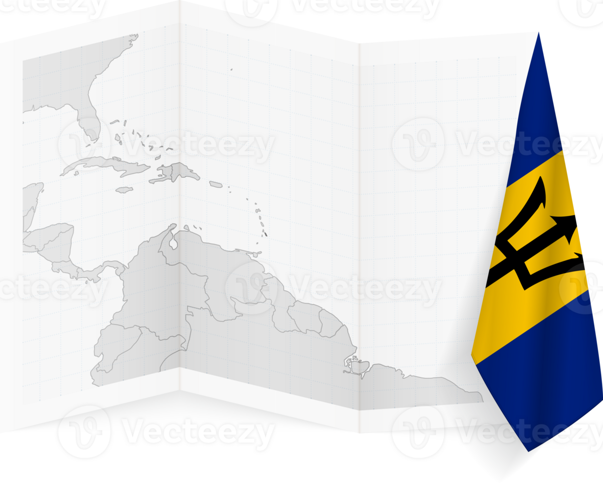 Barbados grayscale map and hanging flag. png