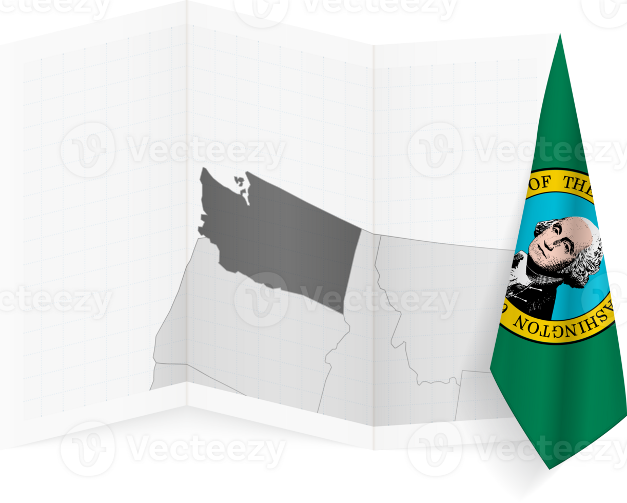 Washington grayscale map and hanging flag. png