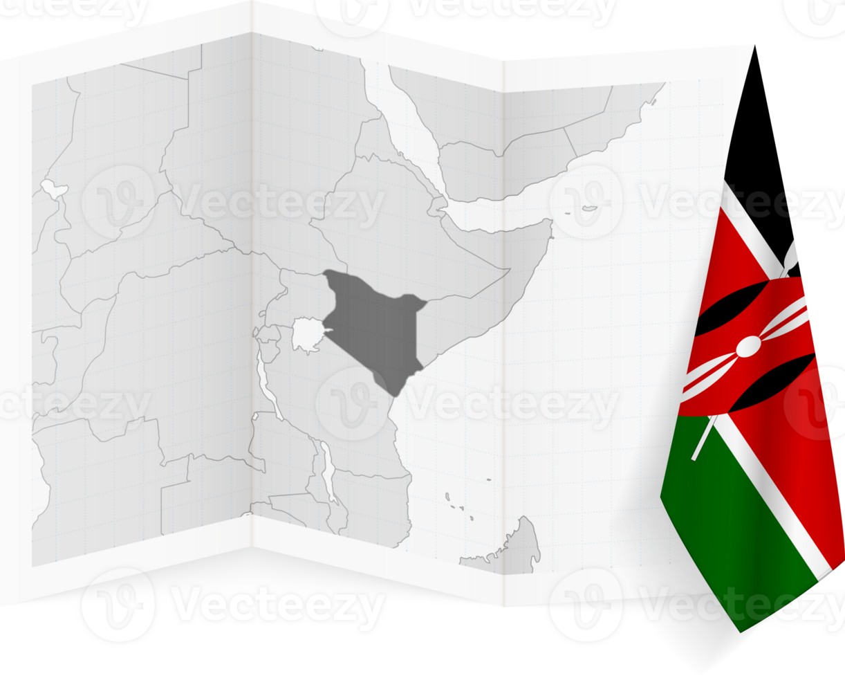 Kenya grayscale map and hanging flag. png