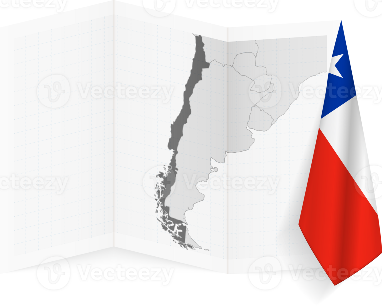 Chile grayscale map and hanging flag. png