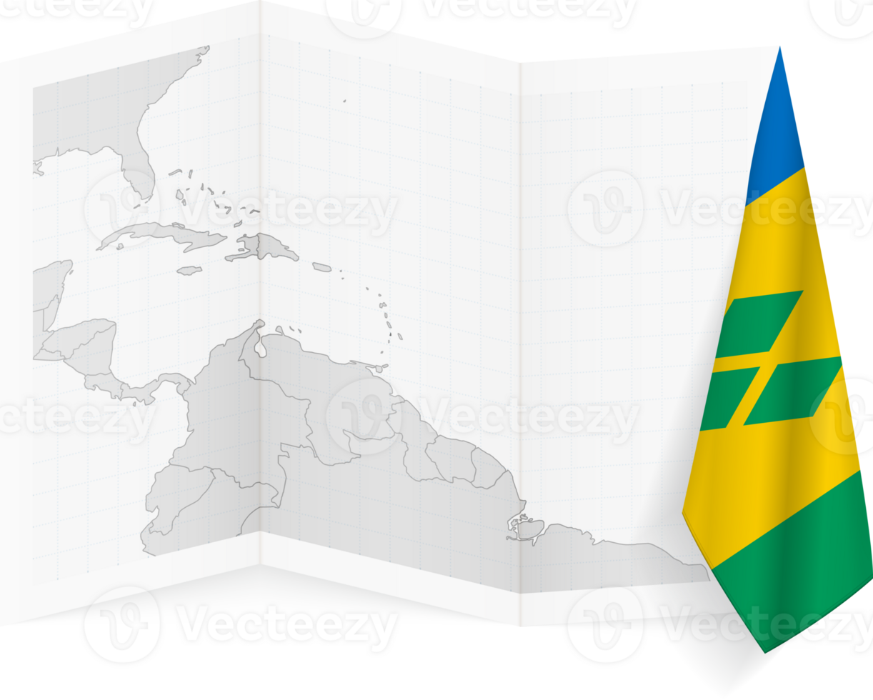 Saint Vincent and the Grenadines grayscale map and hanging flag. png