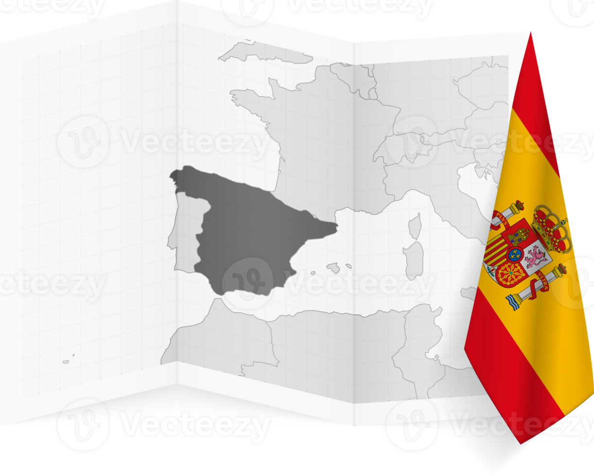 Spain grayscale map and hanging flag. png