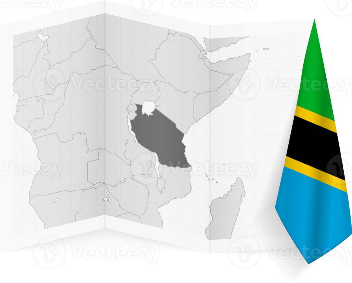 Tanzania grayscale map and hanging flag. png