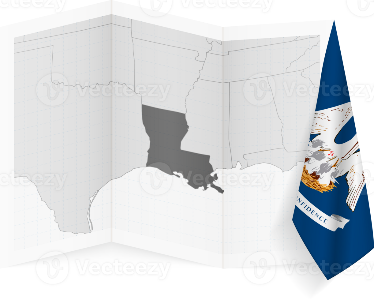 Louisiana grayscale map and hanging flag. png