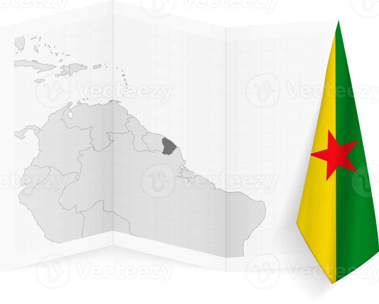 French Guiana grayscale map and hanging flag. png