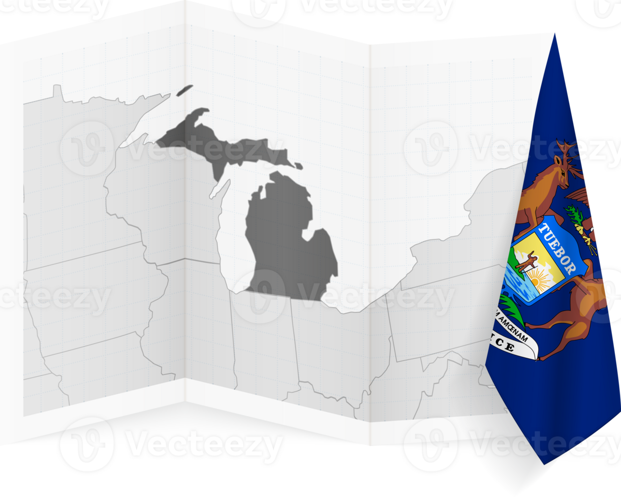 Michigan grayscale map and hanging flag. png