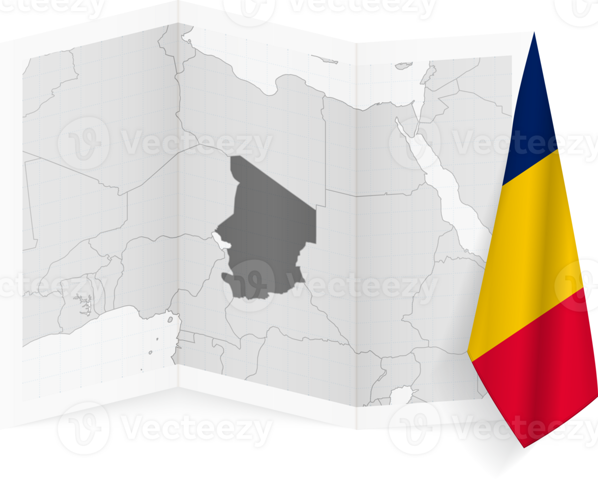 Chad grayscale map and hanging flag. png