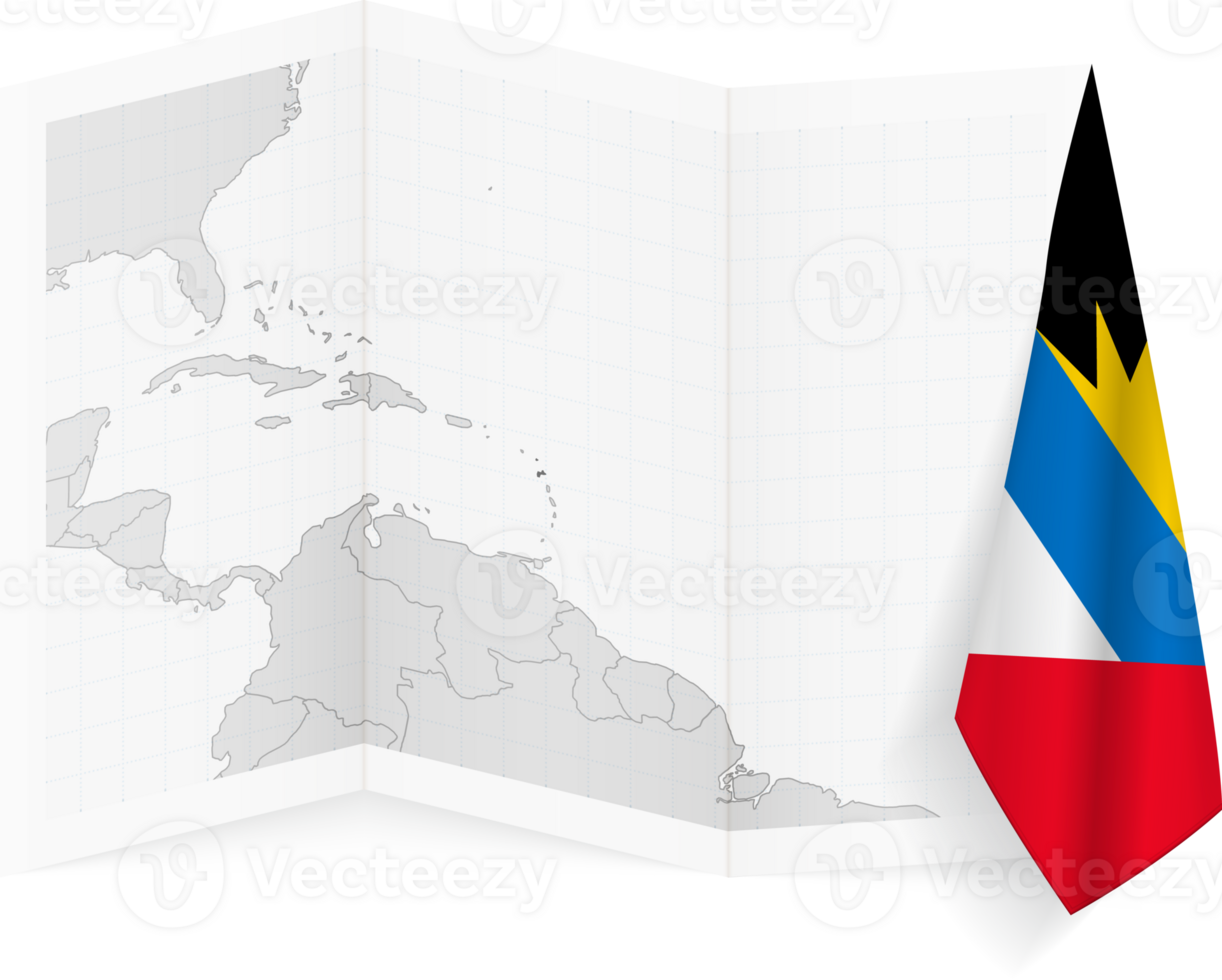Antigua and Barbuda grayscale map and hanging flag. png