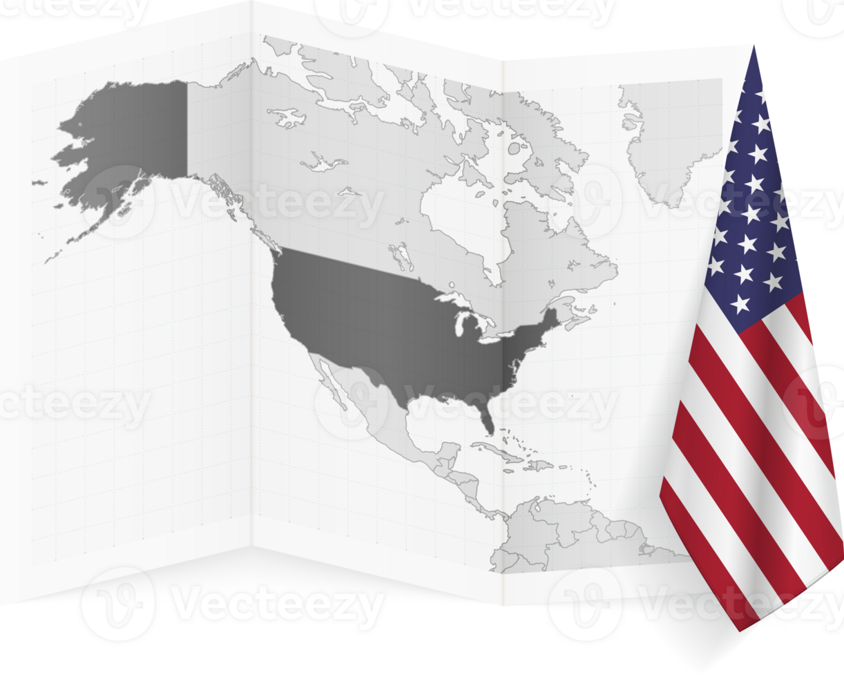 USA grayscale map and hanging flag. png