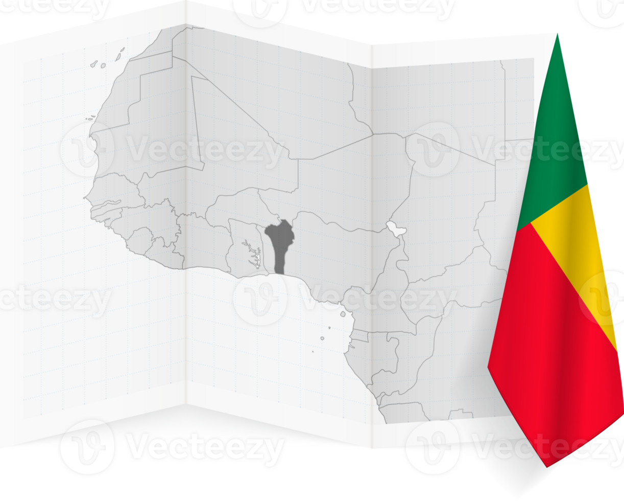 Benin grayscale map and hanging flag. png
