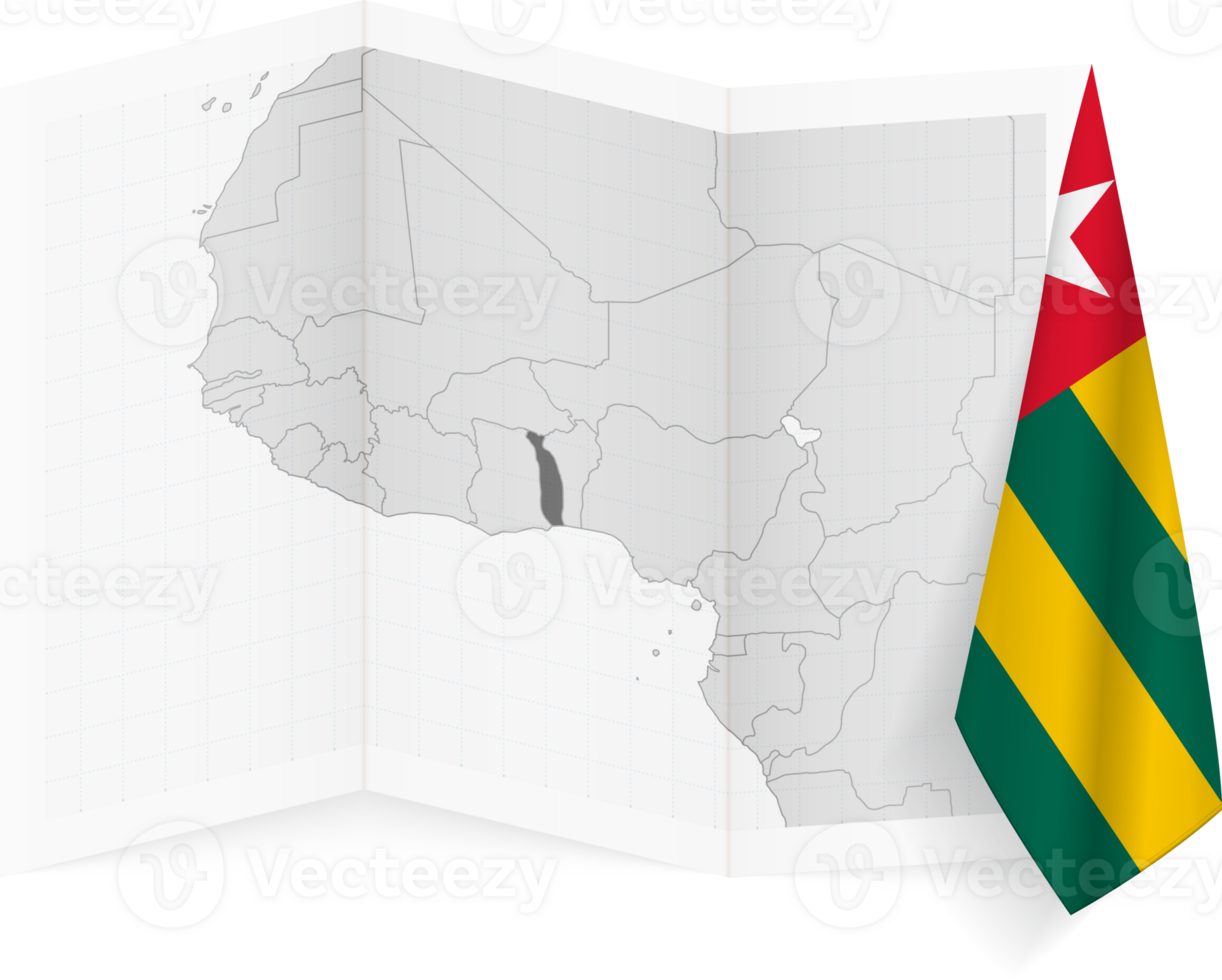 Togo grayscale map and hanging flag. png