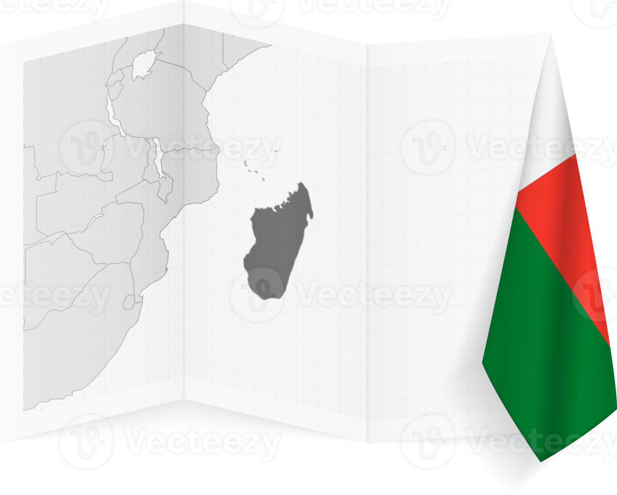 Madagascar grayscale map and hanging flag. png