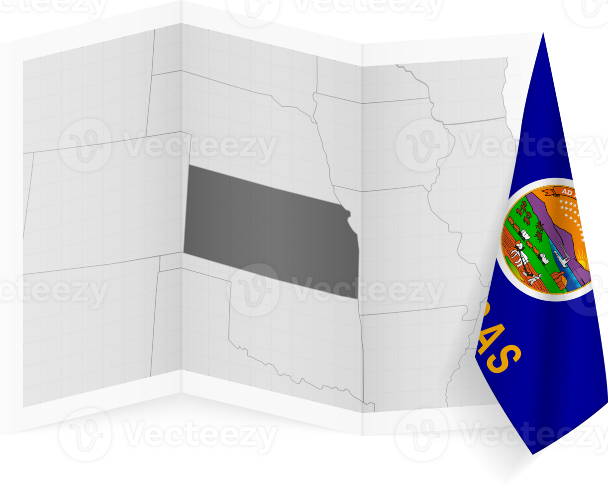 Kansas grayscale map and hanging flag. png