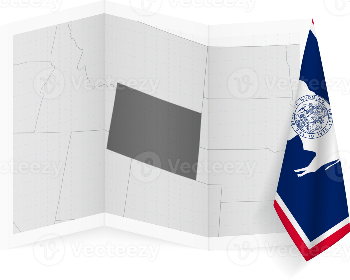 Wyoming grayscale map and hanging flag. png