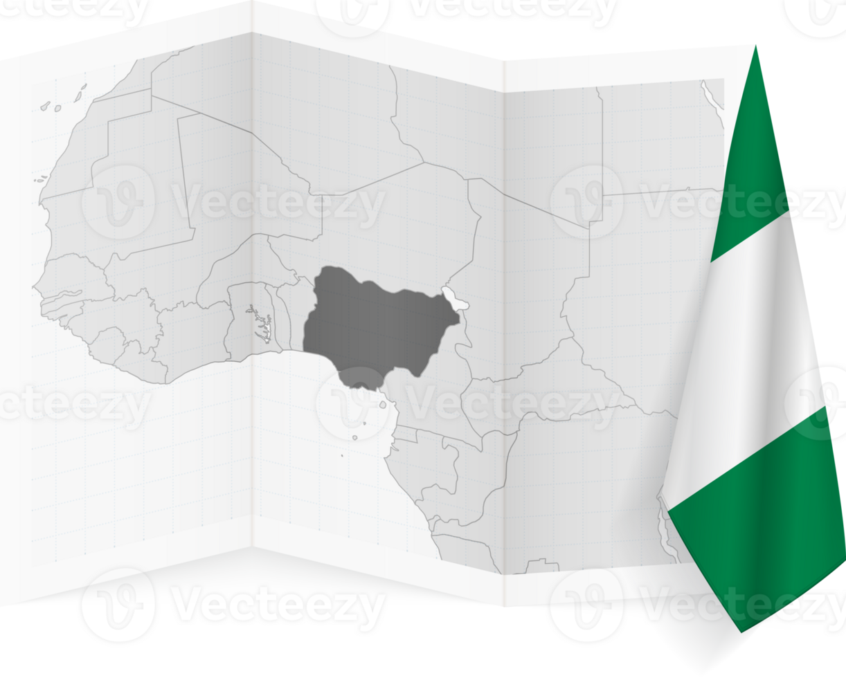 Nigeria grayscale map and hanging flag. png