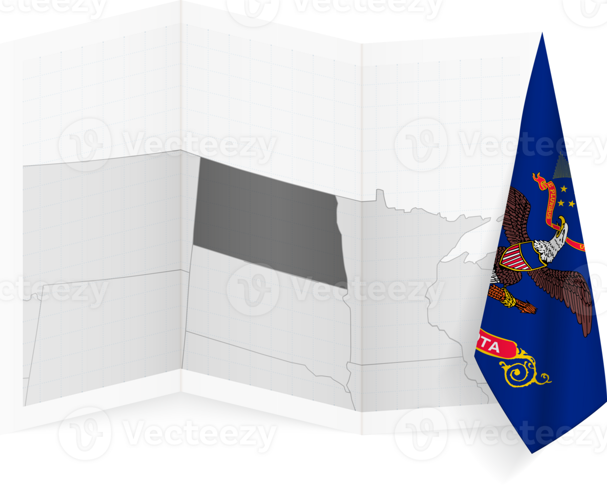 North Dakota grayscale map and hanging flag. png