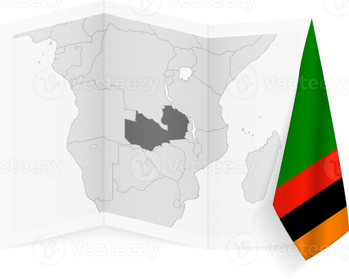 Zambia grayscale map and hanging flag. png
