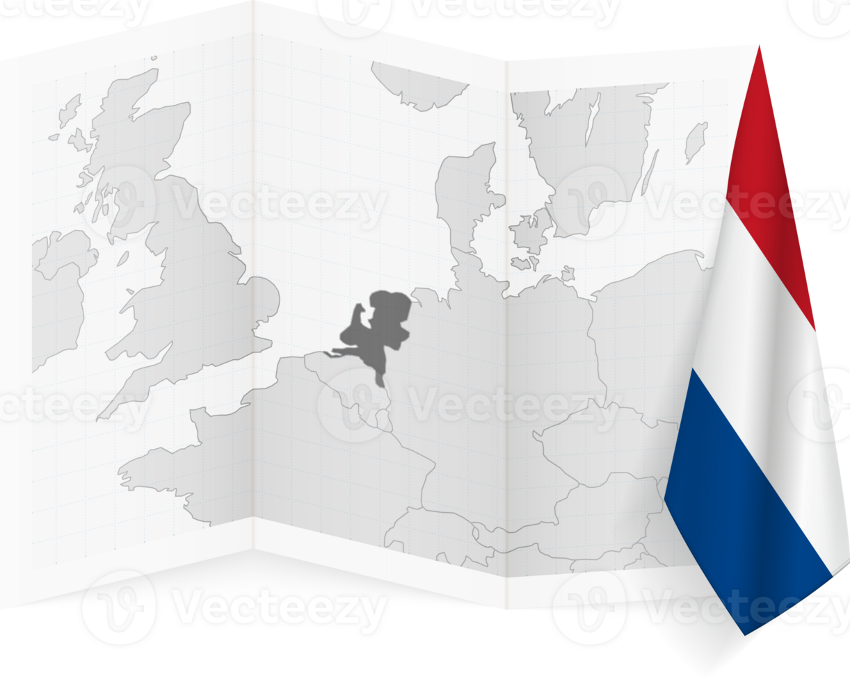 Netherlands grayscale map and hanging flag. png