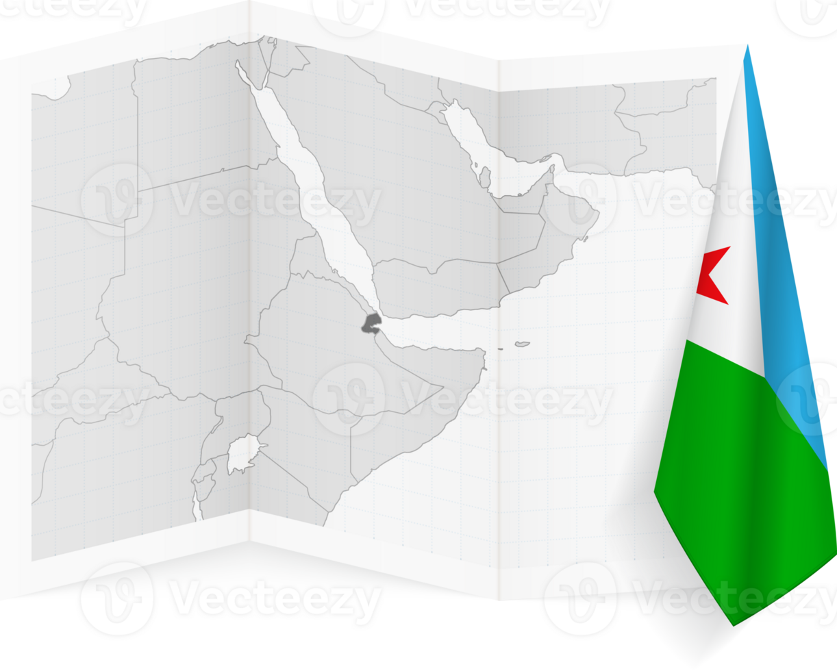 Djibouti grayscale map and hanging flag. png