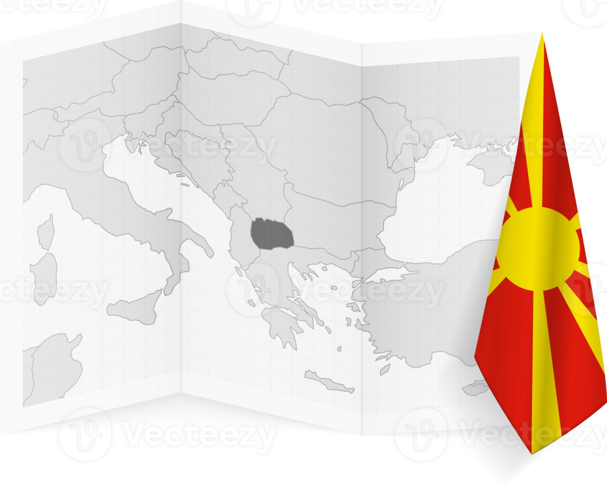 North Macedonia grayscale map and hanging flag. png