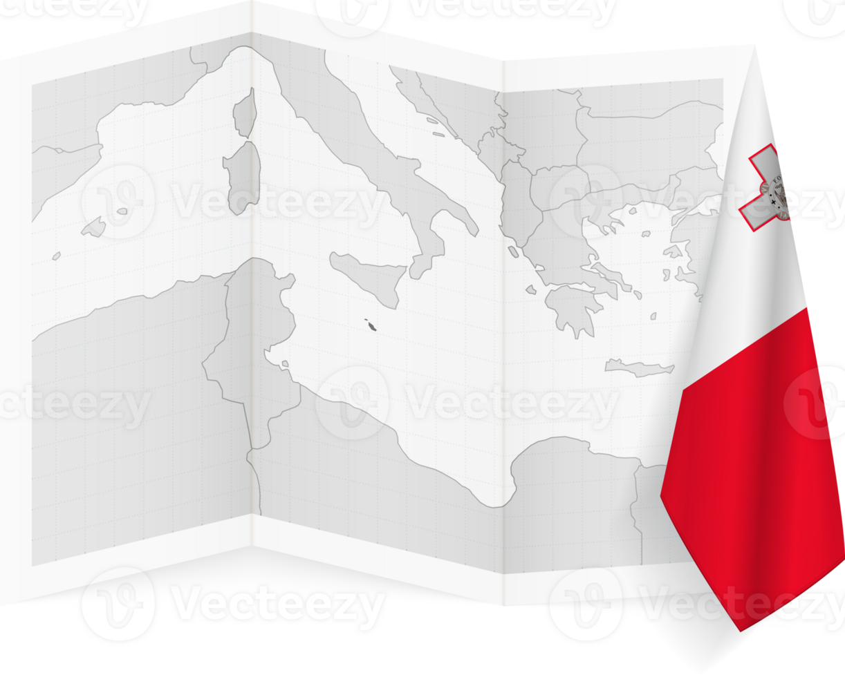 Malta grayscale map and hanging flag. png