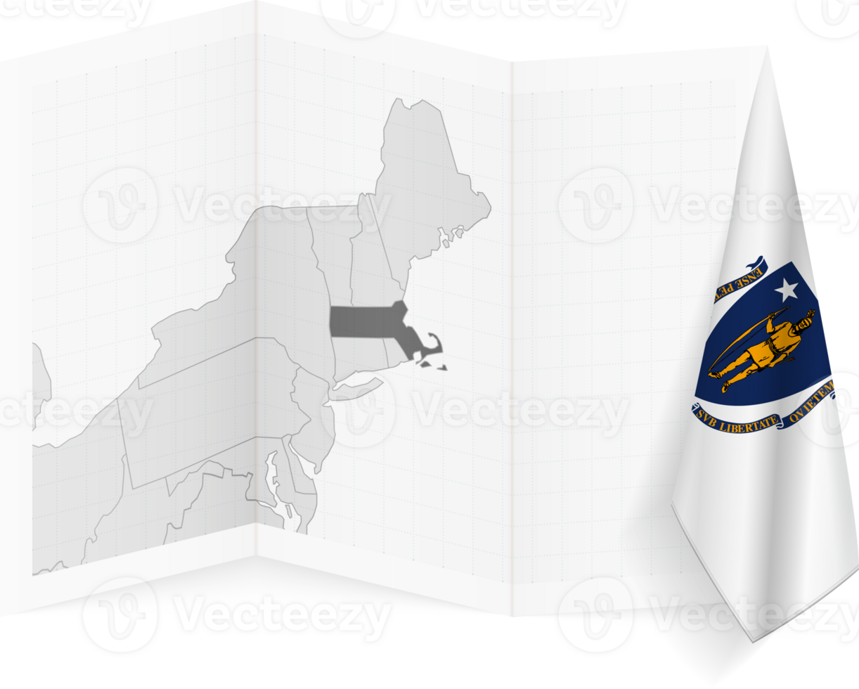Massachusetts grayscale map and hanging flag. png