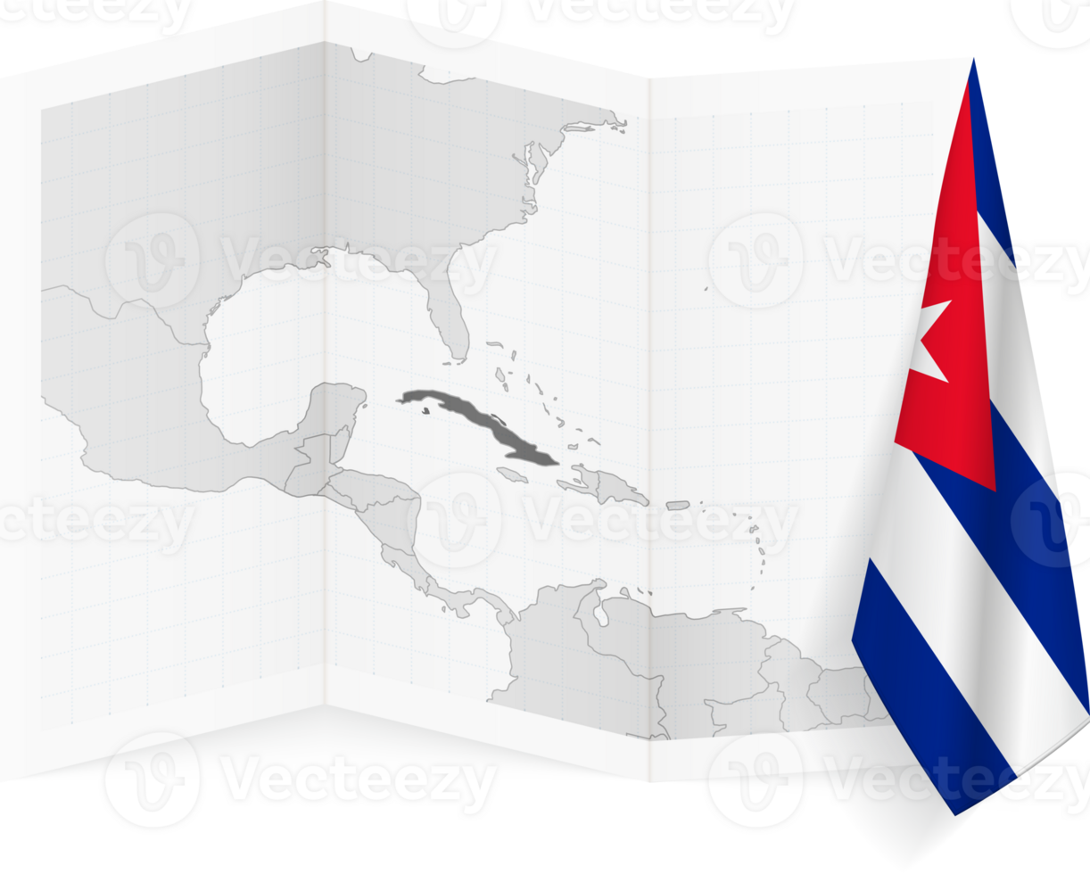 Cuba grayscale map and hanging flag. png