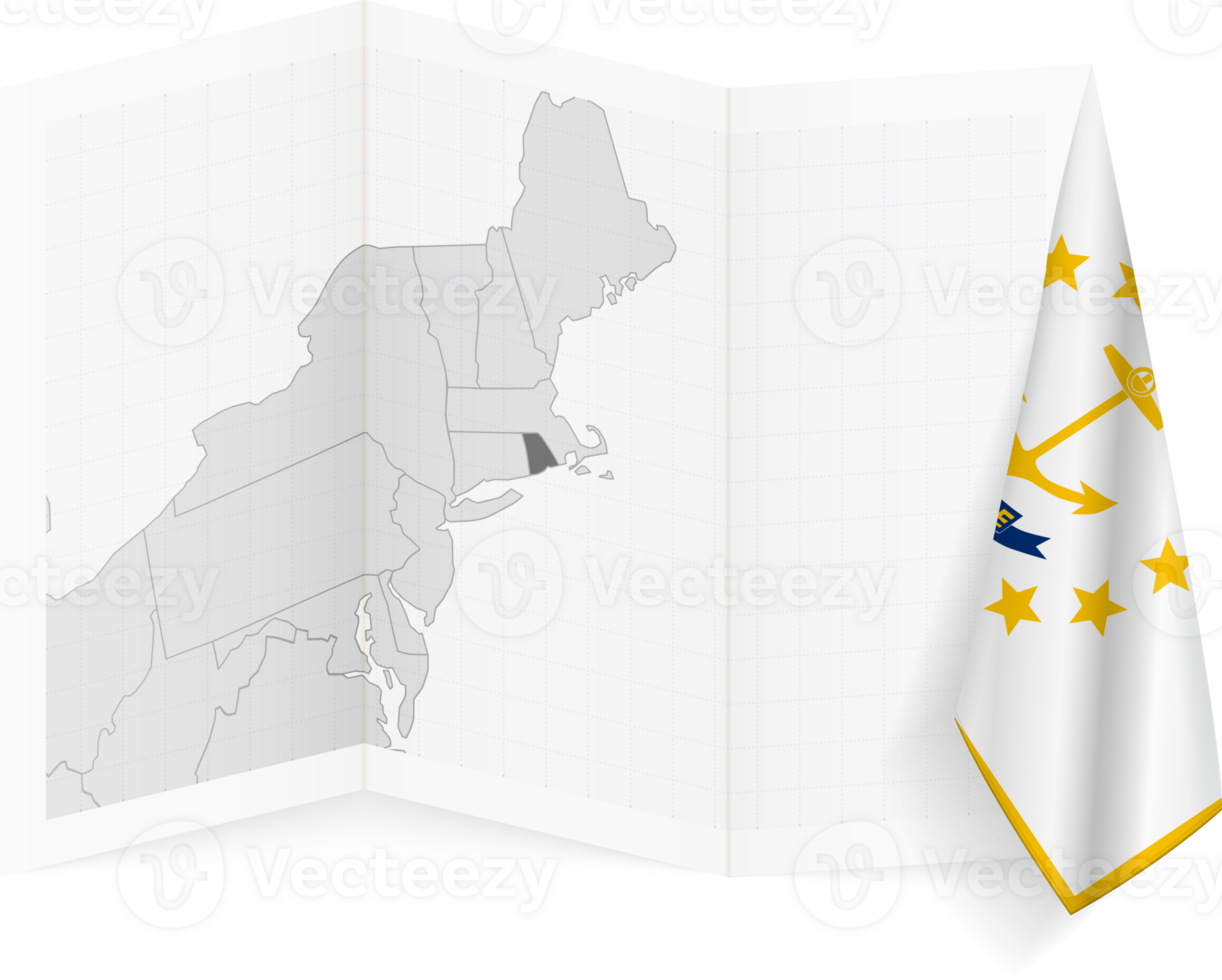Rhode Island grayscale map and hanging flag. png